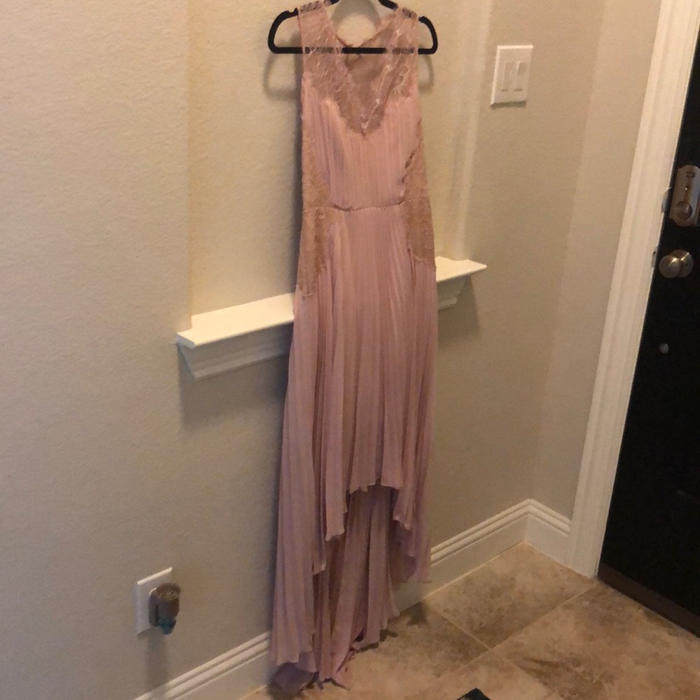 BCBG Lavender pleated high low dress.
